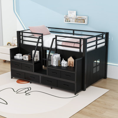 8 Drawers Twin Low Loft Metal Bed with LED Lighting and Under-Bed Activity Area