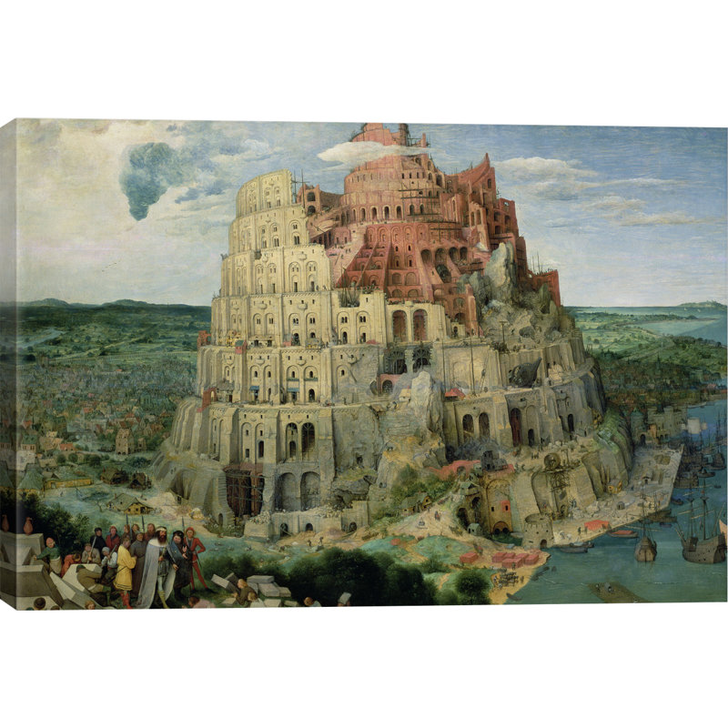 «Tower of Babel, 1563», reproduction d'art sur toile tendue, H 24 po x l 32 po x P 1 po, Papier avec cadre noir, Blanc