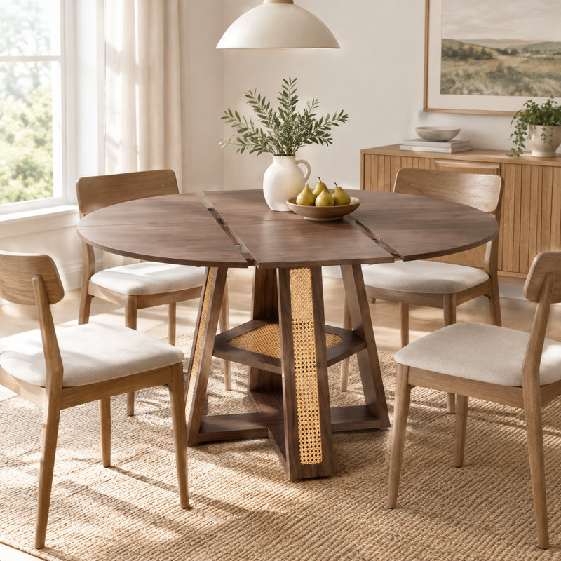 Table de salle à manger extensible ronde pour 4 à 6 personnes avec rallonge amovible et tablette de rangement, noyer