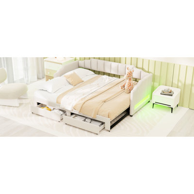 Lit de jour convertible en lit simple TG très grand beige, revêtu de lin, à DEL, avec tiroirs de rangement, très grand lit de jour à conception rapide et deux pièces en bois massif