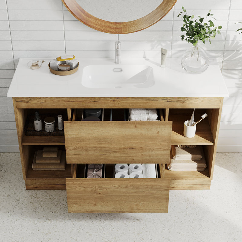 48" Mid Century Modern Bathroom Vanity with Sink, Natural Wood Finish, White Ceramic Top, Soft Close Drawers and Open Storage Shelves, Pre-Assembled Need