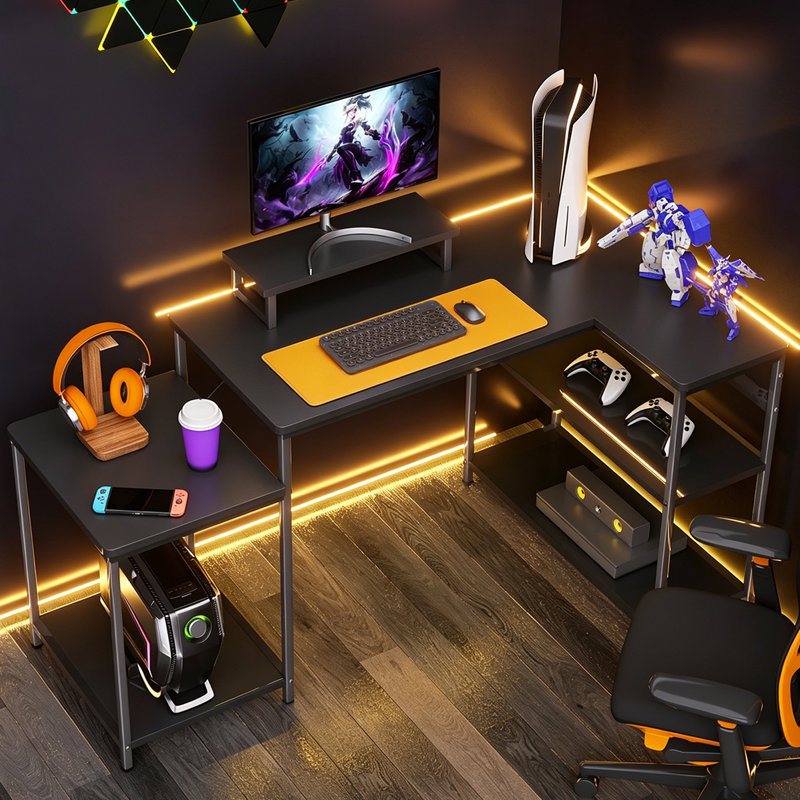 Submi L Shaped Desk, 152x80 cm Reversible Computer Desk for Home Office with Large Reversible Storage Shelves, Corner Desk Office Desk with Monitor Stand Height Adjustable