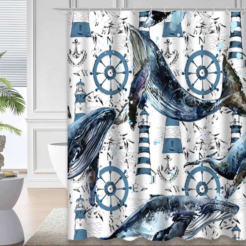 Aquarelle, baleine, phare, mer, ancre abstraite avec 12 crochets, L 72 po x l 78 po