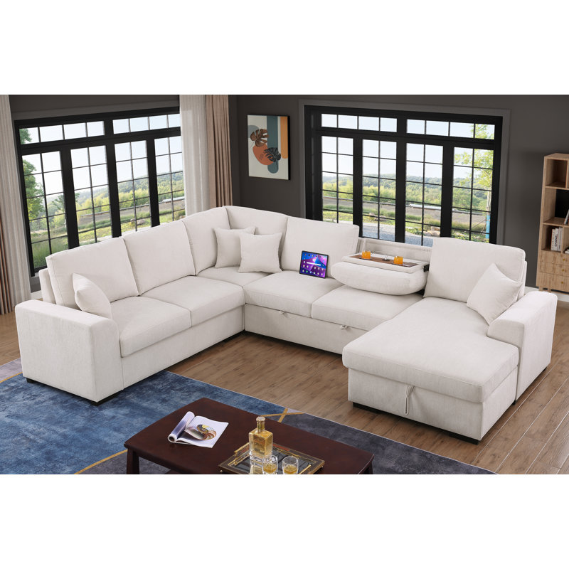 Canapé-lit modulaire en forme de U de 132 po en chenille avec lit coulissant, méridienne de rangement, console avec porte-gobelet rabattable et ports de charge USB Type-C