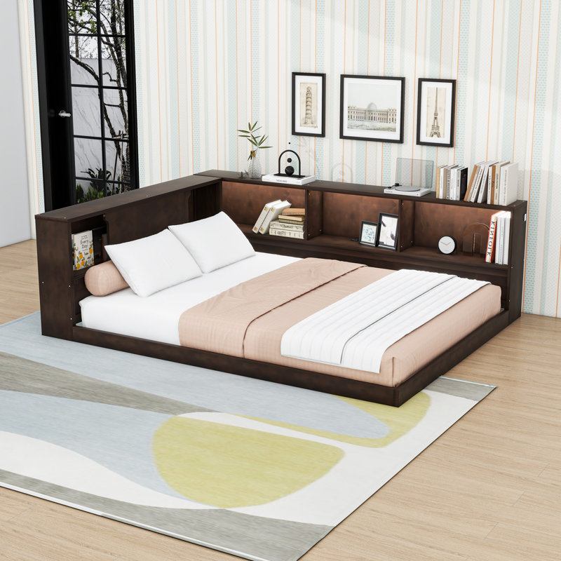 Queen Wood Daybed with Cabinets, Charging Station, LED Lighting and Shelves, Brown