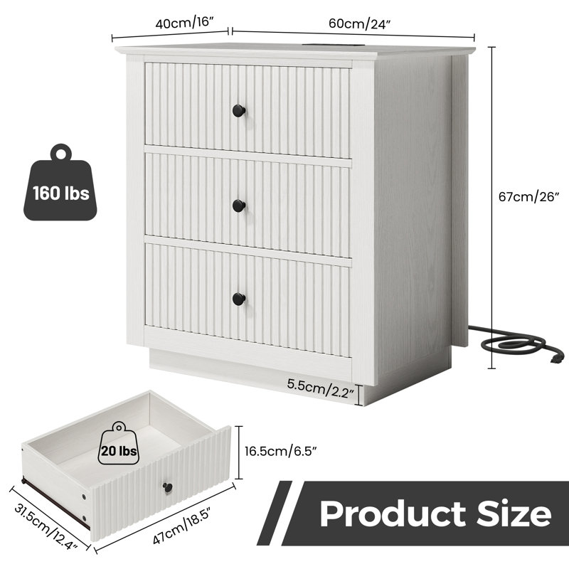 24" W x 26" H Modern Wood Fluted Front 3-Drawer Nightstand with Built-in Outlets (Set of 2), White, Set of 2