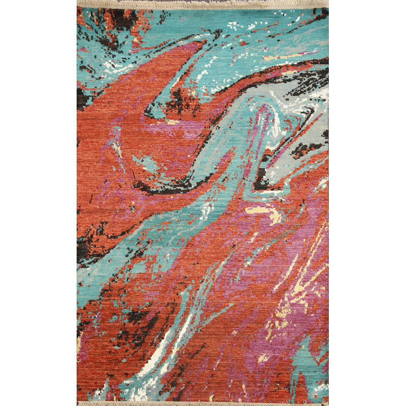 Tapis unique vert / rouge / mauve / beige noué à la main 4 pi 2 po x 6 pi One-of-a-Kind