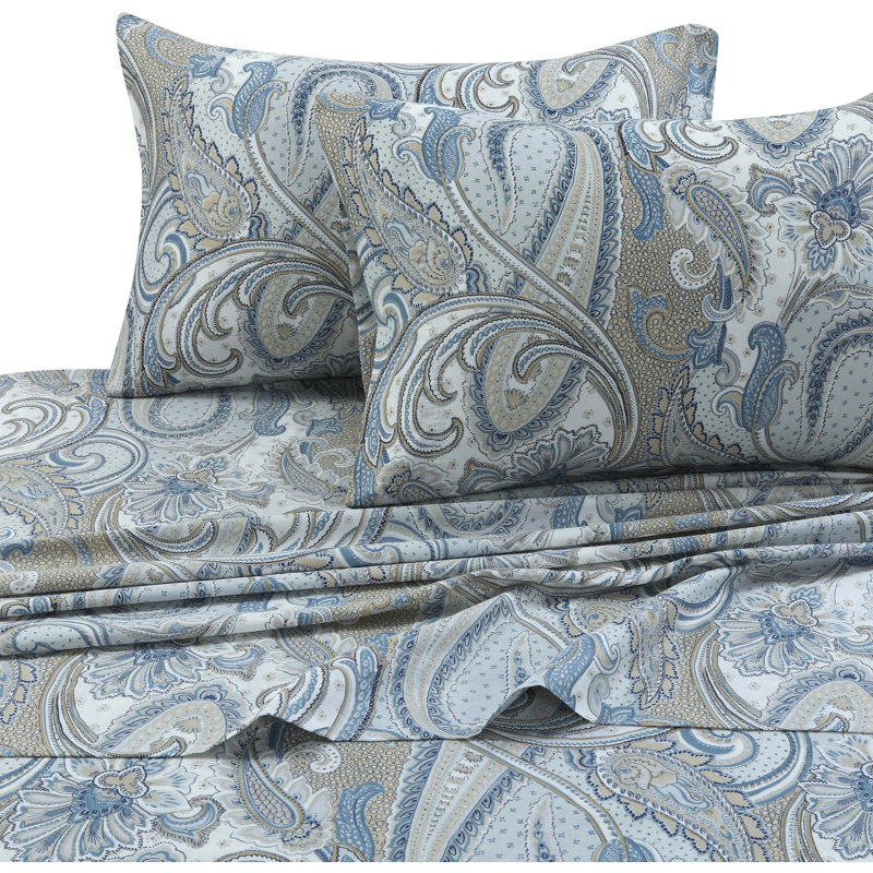 Twin XL Blue and Beige Cotton Sateen Paisley Sheet Set