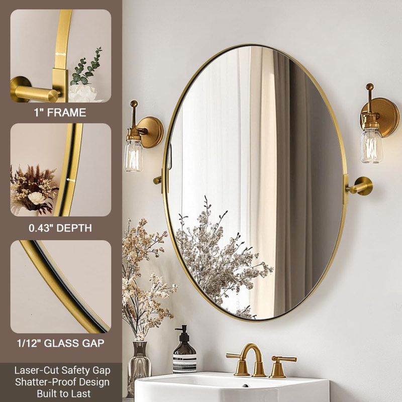  Miroir de salle de bain mural inclinable | Cadre pivotant réglable en acier inoxydable, 30 po x 20 po, Or brossé
