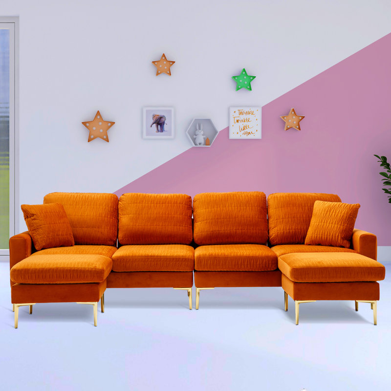 Canapé modulaire avec méridienne de 113,39 po avec repose-pieds Mialacs, Velours orange
