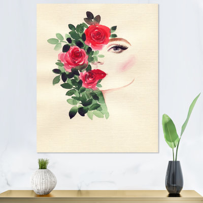 «Green Floral Glam Woman Portrait», reproduction d'art sur toile Glam