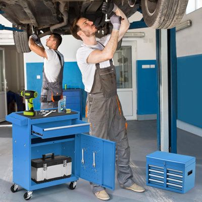 Coffre à outils roulante à 5 tiroirs – Coffre à outils verrouillable 2 en 1 avec roulettes, tiroirs coulissants et couvercle amovible – Armoire de rangement pour garage et atelier, bleu