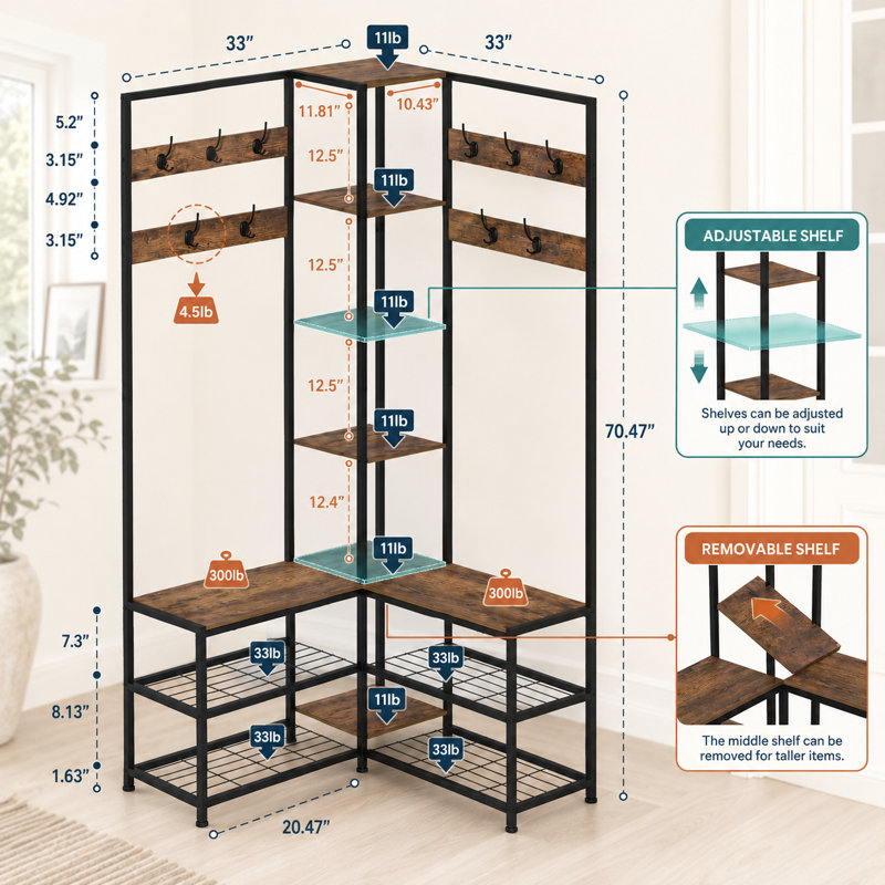 Rustic Brown Corner Hall Tree with Shoe Rack Storage Bench, Modern Industrial 5-in-1 Entryway Coat Rack Stand with Open Display Shelves for Home Living Room Mudroom or Bedroom