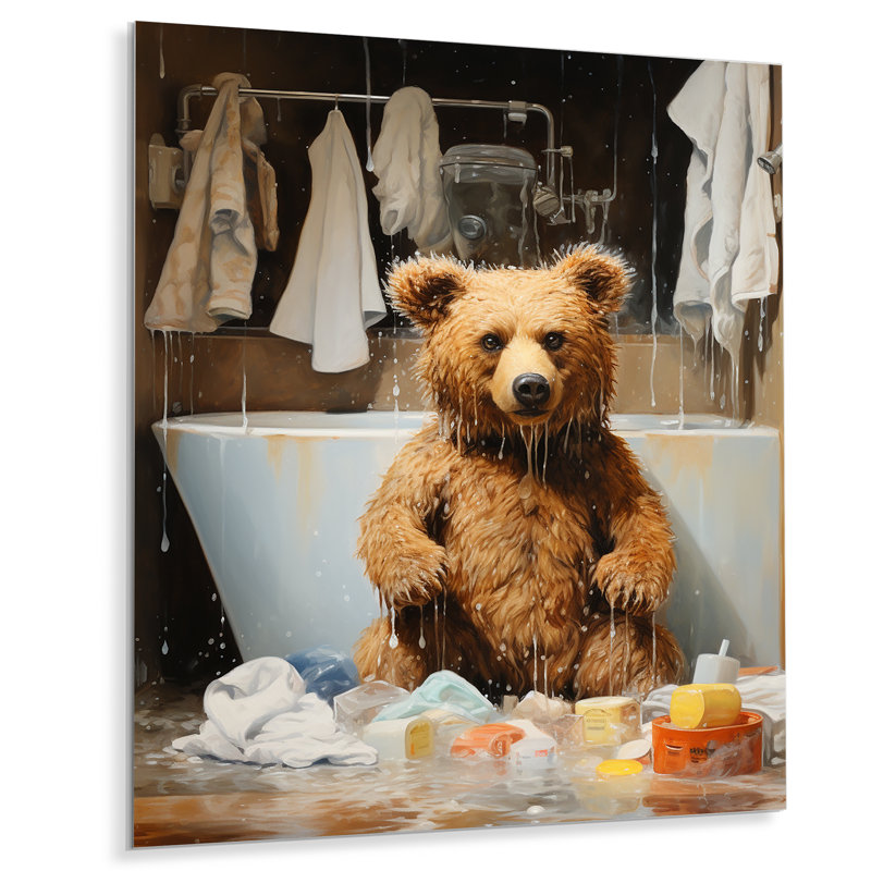 «Bathroom Bathroom Bear Bubbles 3» - Art mural en métal, H 40 po x l 30 po x P 1,5 po