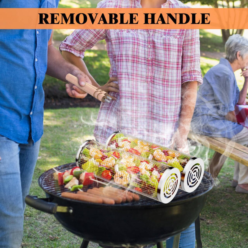 2 paniers de barbecue à roulettes pour les légumes de gril d'extérieur, couverture de barbecue pour la viande de repos, poignée en bois amovible en acier inoxydable 304, cadeaux pour accessoires pour hommes, mari, papa