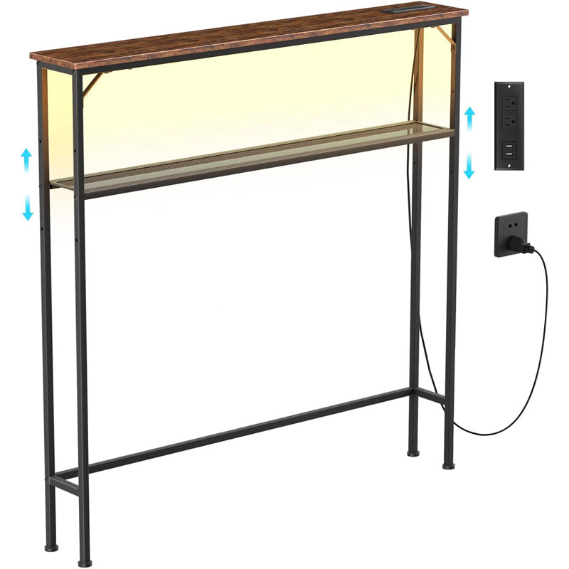 39.4" Narrow Console Table With 2 Power Outlets, USB Ports & LED Lighting, Adjustable Shelves, Rustic Industrial Design, Metal Frame For Living Room, Behind Couch Or Entryway