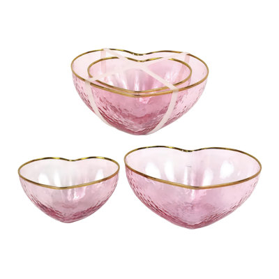 Glass Pink and Gold Heart Nesting Bowls, Serving Bowl, Pink, Glass, Table, Kitchen, Valentines, Tabletop, Bowl