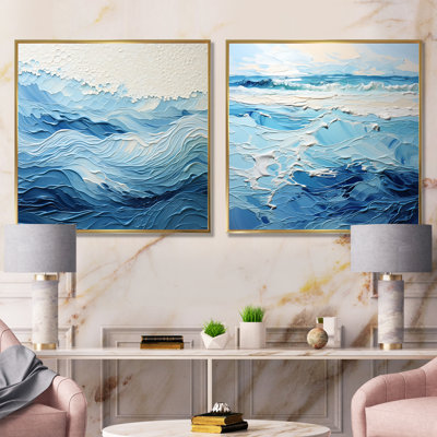 Ensemble de salon mural bleu et blanc Modern Waves Of The Coast I - Coastal Minimalisme