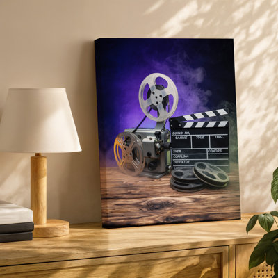 Canvas A Vintage Film Projector Sits Prominently On A Rustic Wooden Wall Art Table Its Metallic Body Showcasing Intricate Gears And Canvas Wall Art