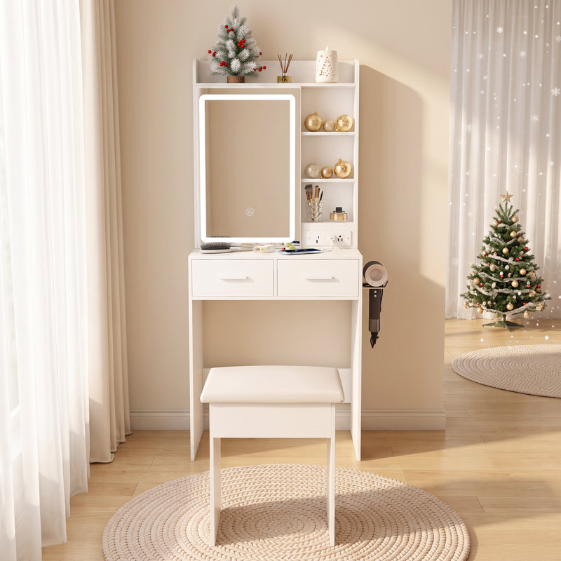 Ensemble de meuble-lavabo compact avec miroir lumineux à DEL réglable, rangement caché et tabouret rembourré, prise de courant intégrée, coiffeuse compacte pour petite chambre à coucher, blanc
