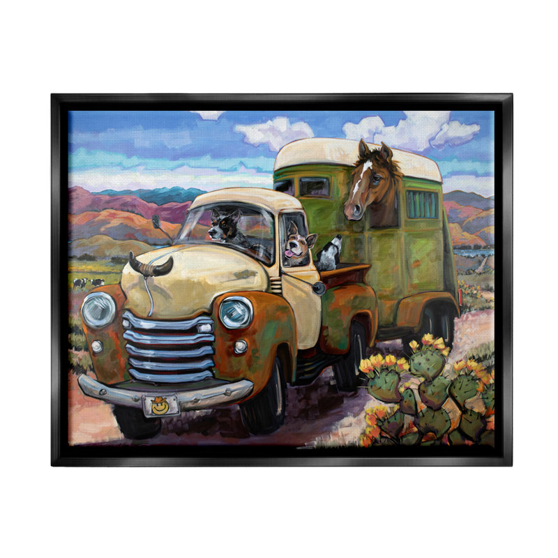 Chiens au volant d'un camion rustique rétro avec chariot à cheval, art mural par CR Townsend, H 17 po x l 21 po x P 1,7 po
