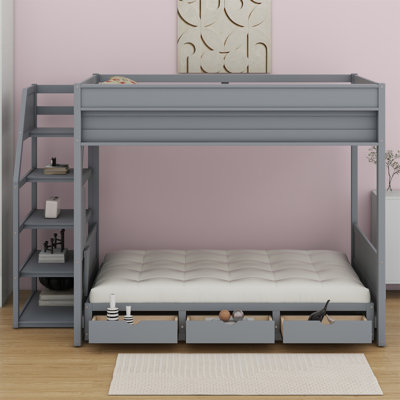 Lit superposé convertible en bois avec escalier de rangement, table de chevet et 3 tiroirs