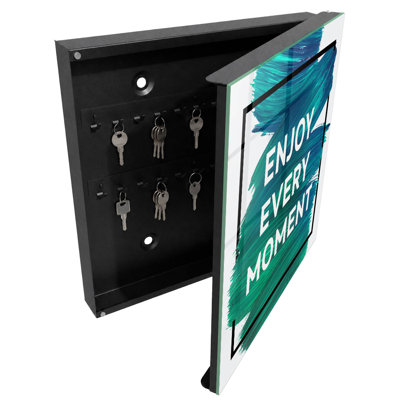 Wall mounted key box, Opens to the left, 30x30x5, Black, Blue and green background with inspiring text, 