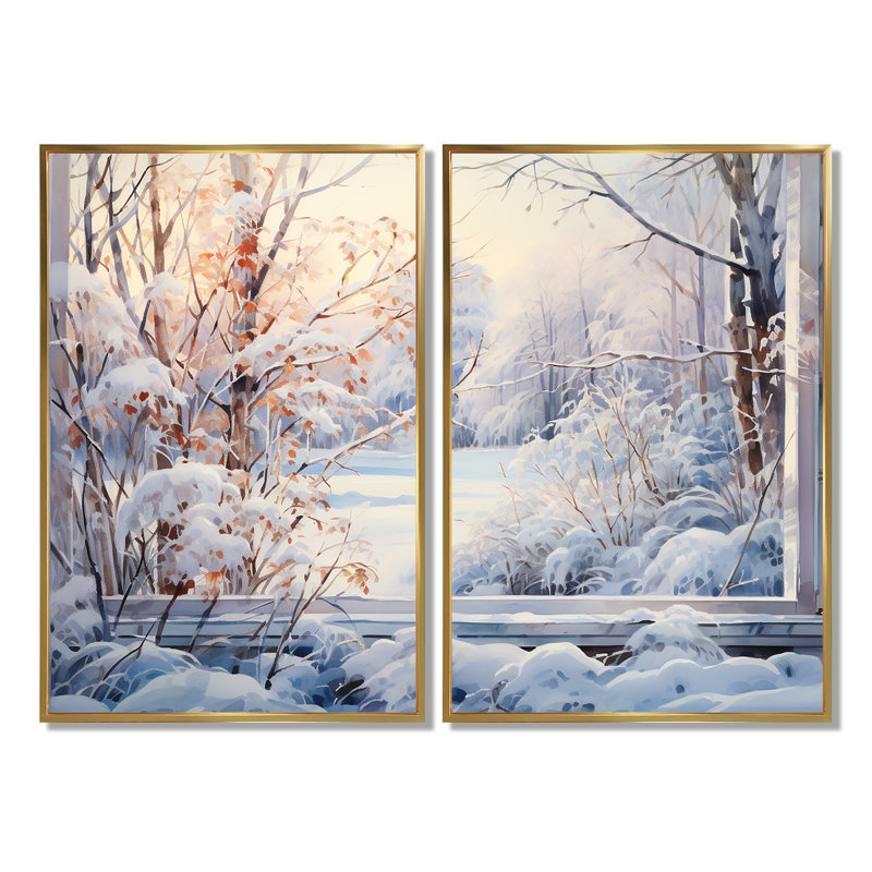 «Winter River Window View III - Winter Landscape», art mural, 36" H x 48" W, Impression encadrée flottante, Gold