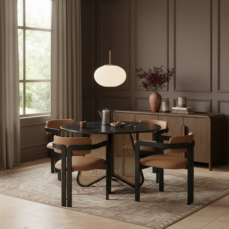 Chaise rembourrée en cuir Aurum, Noir mat, Cuir cognac végétalien