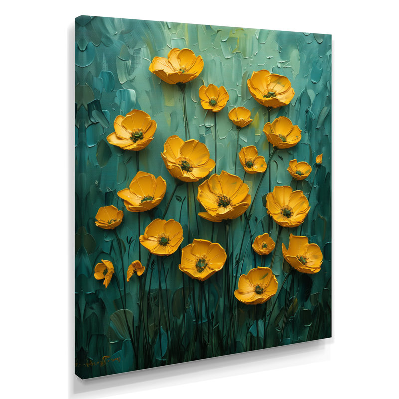 Jaune et bleu, soleil, bouton d'or, prairie III - Buttercups, art mural, Toile tendue, H 32 po x l 16 po x P 1 po