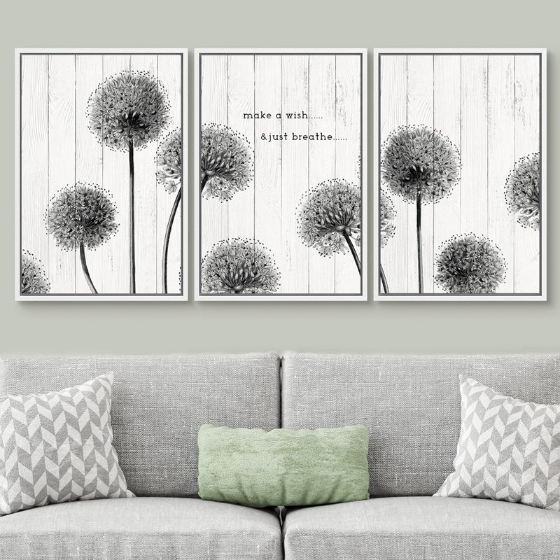 Panneau de bois style fleurs de pissenlit foncé, impression sur toile, 3 pièces, H 36 po x l 72 po x P 1,5 po, Blanc