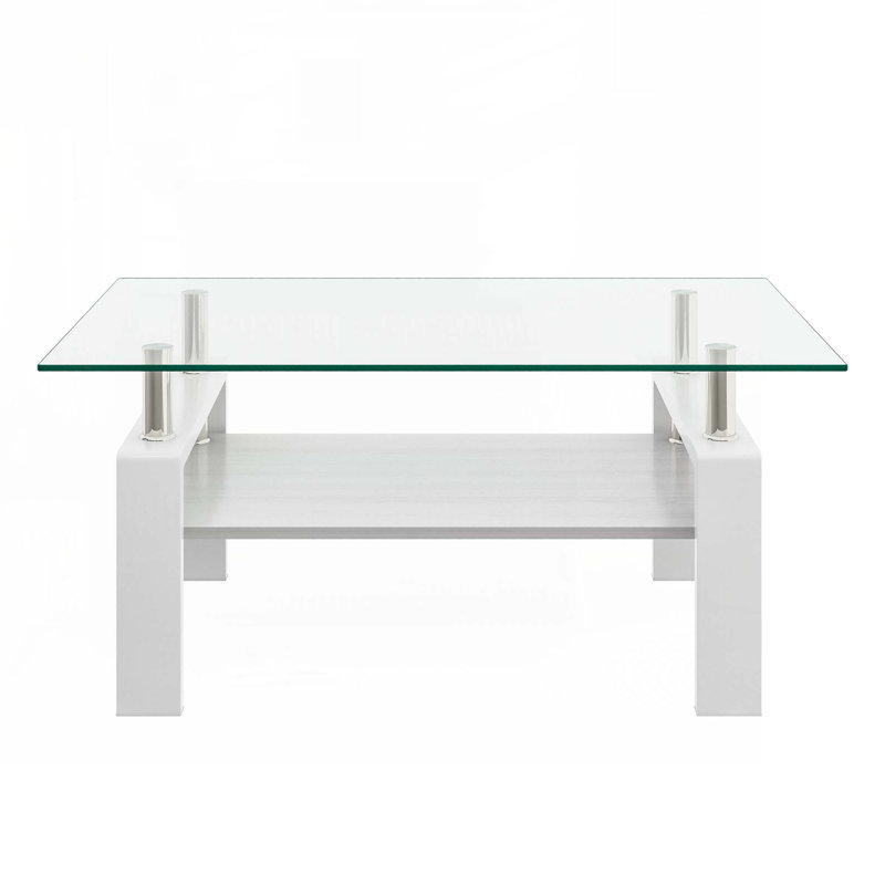 Table basse avec plateau en verre, Blanc, Transparent