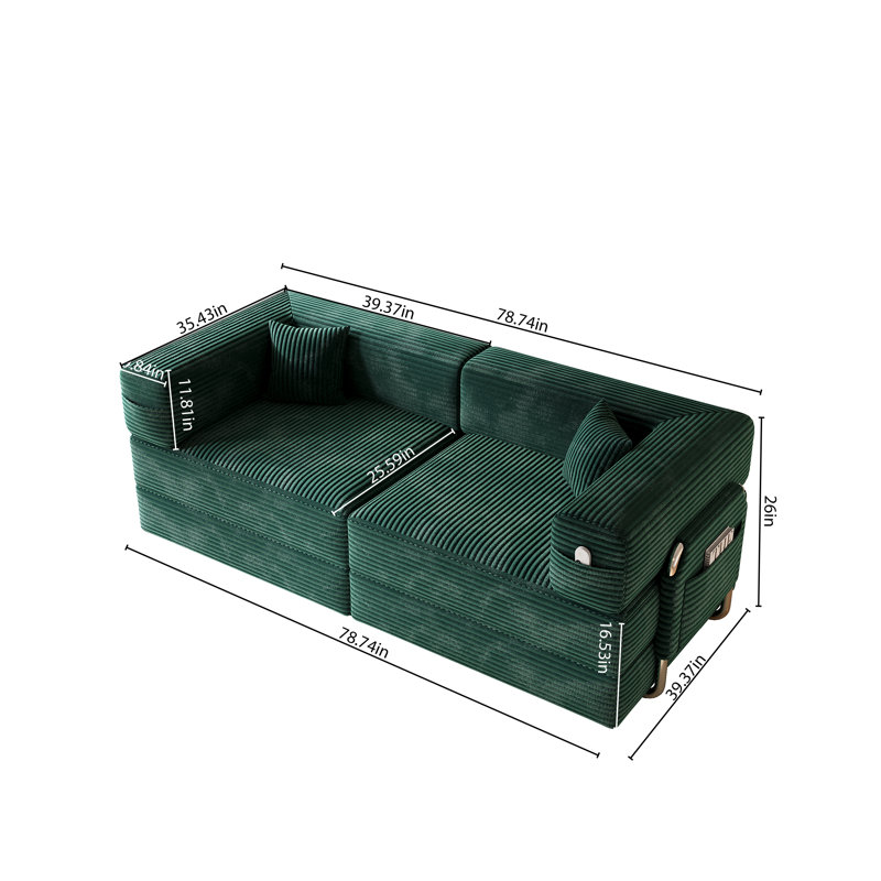 Canapé-lit pliant convertible fonctionnel de 78 po, canapé-lit escamotable avec structure à structure fixe, canapé-lit pliable en velours côtelé vert
