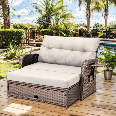 Outdoor PE Wicker Adjustable Reclining Daybed Patio Chair, 4-Position With Storage Ottoman With Cushions