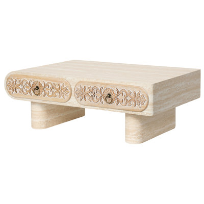 Table basse moderne aux bords arrondis avec tiroir en bois massif et motif floral, beige et jaune, largeur 60 cm, table de rangement astucieuse, lignes épurées, tons chauds, 100 cm L x l 35 cm H, idéale pour les petits espaces