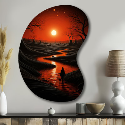 Magical Sunset Over Minimal River Landscape I - Lakehouse Boom Shape - Art mural métallique asymétrique