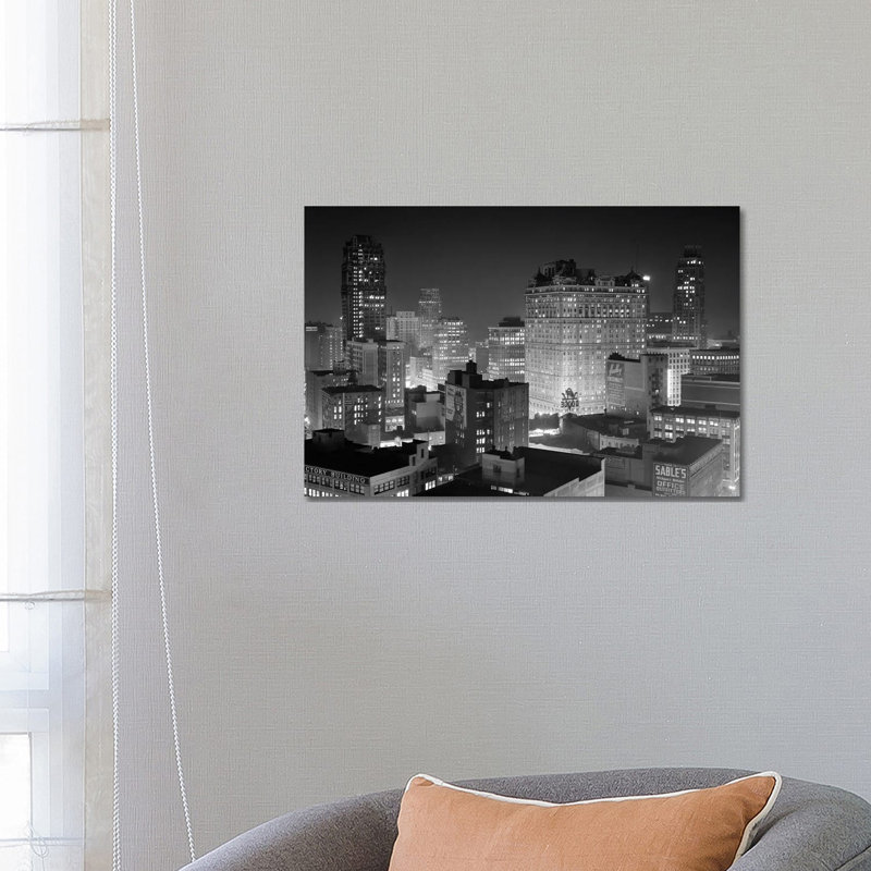 1954 Night Skyline Retail Business Area Detroit Michigan USA 1 Piece Wrapped Canvas Wall Art