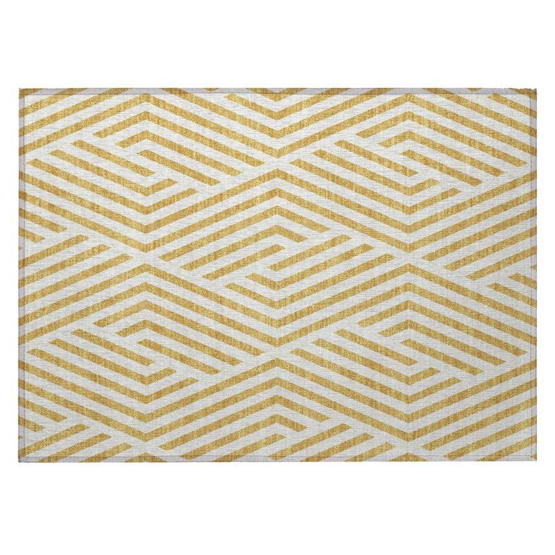 Tapis intérieur antidérapant lavable à motif géométrique doré et blanc 2 pi x 3 pi