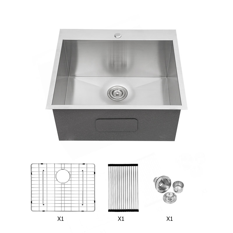 Évier de buanderie en acier inoxydable de 22 po x 22 po avec insonorisation et drainage efficace pour une utilisation intensive.