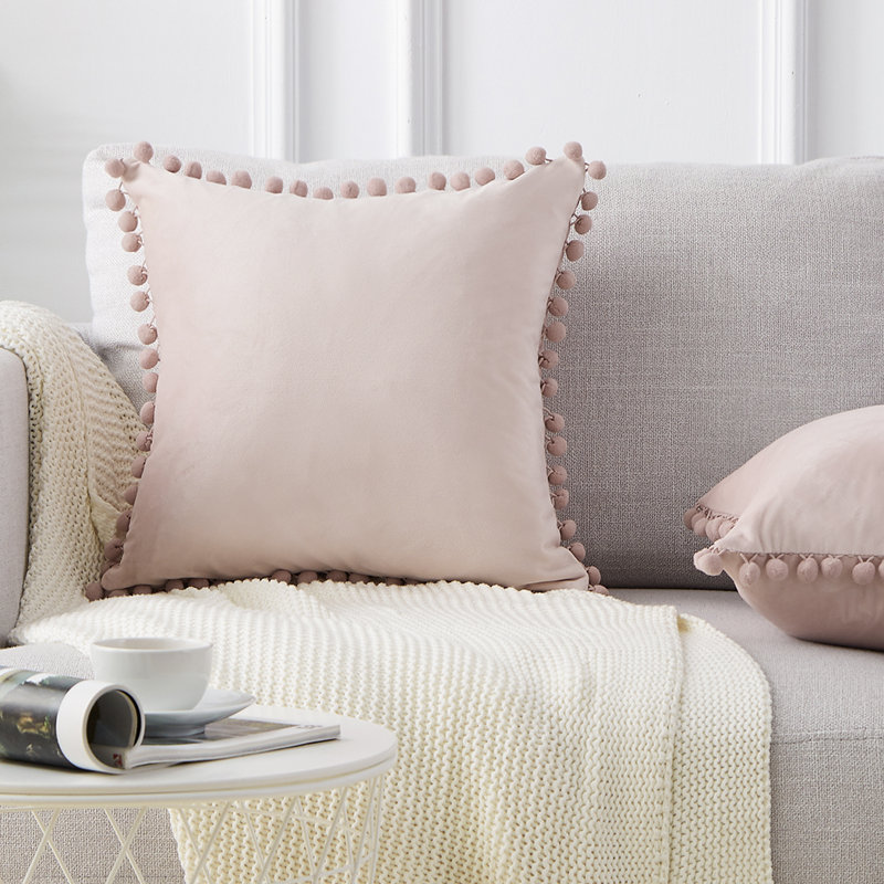 Pom Pom Velvet Tassels Pillow Cover, Pink, 20"x20"