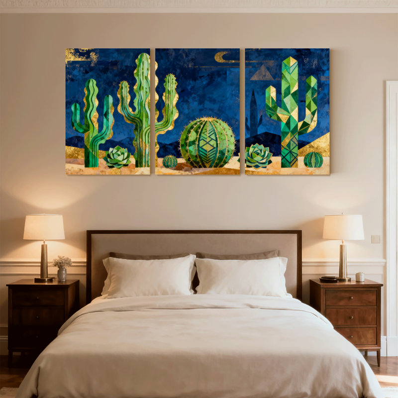 Cactus, cactus, désert, ciel nocturne, ensemble de 3 impressions sur toile, H 18 po x l 36 po