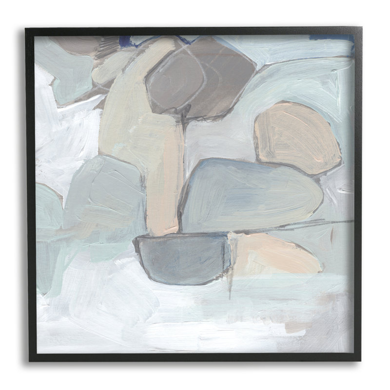 Abstrait, formes géométriques neutres, paysage de roches rondes, H 24 po x l 24 po, Giclée encadrée noir minuit