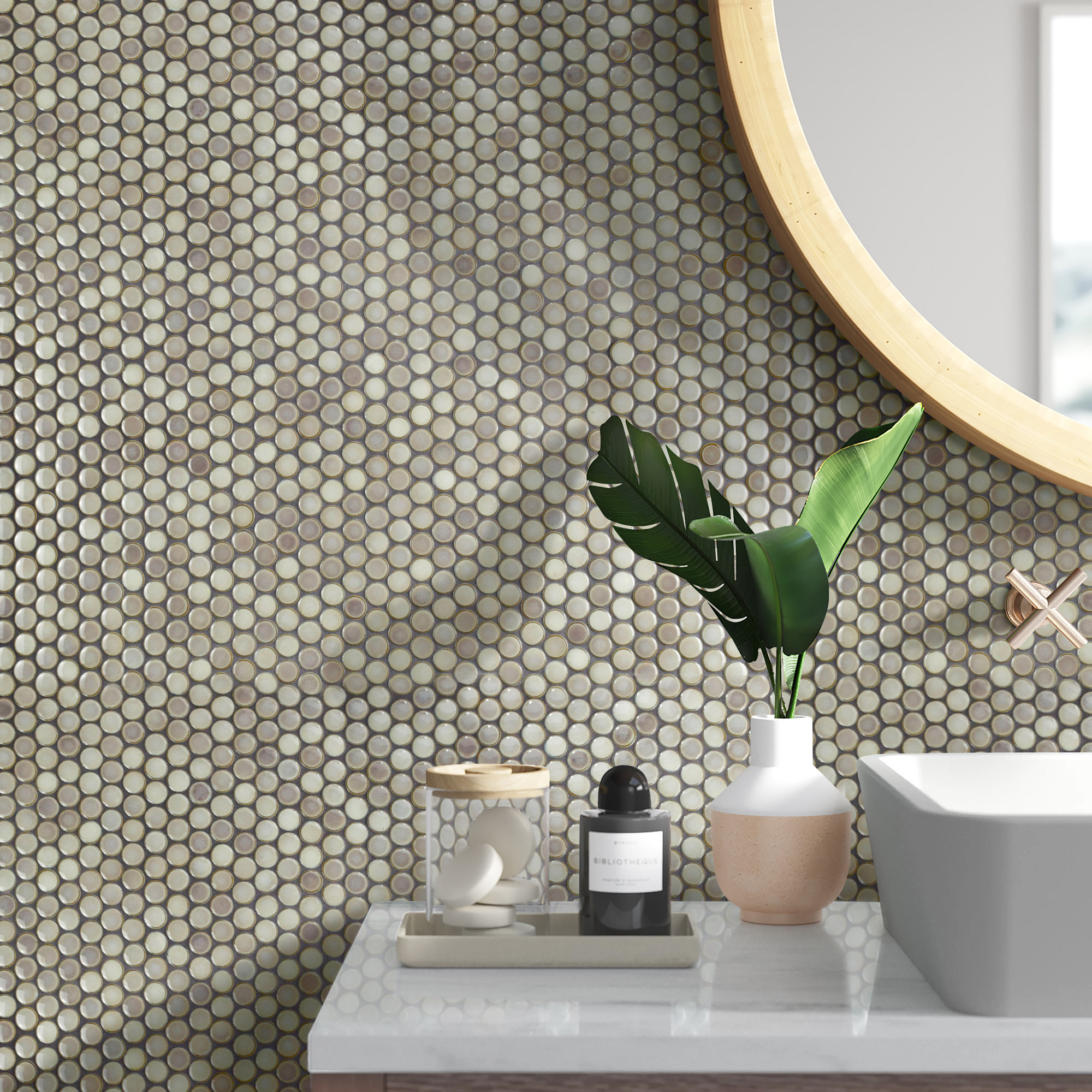 Hudson Penny Round 11-7/8 " x 12-5/8 " Porcelain Mosaic Floor & Wall Tile, Dove Gray