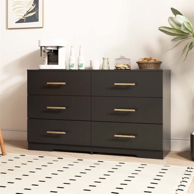 Spacious 6-Drawer Dresser with Golden Handles, Perfect for Organizing and Enhancing Your Bedroom Decor.