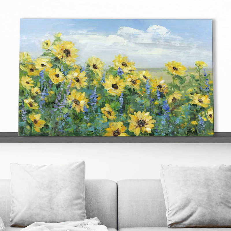 «Sunflower Fields Forever» par - Peinture, Toile tendue, H 28 po x l 48 po x P 1,5 po