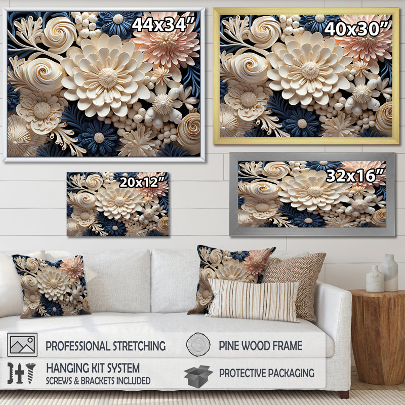 Collage de fleurs de corail blanc et bleu sur toile, Cadre flottant doré, H 30 po x l 40 po x P 1,5 po