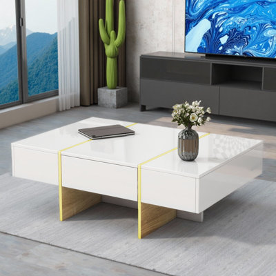 47.2" High-Gloss Coffee Table with Gold Accents & 2 Drawers
