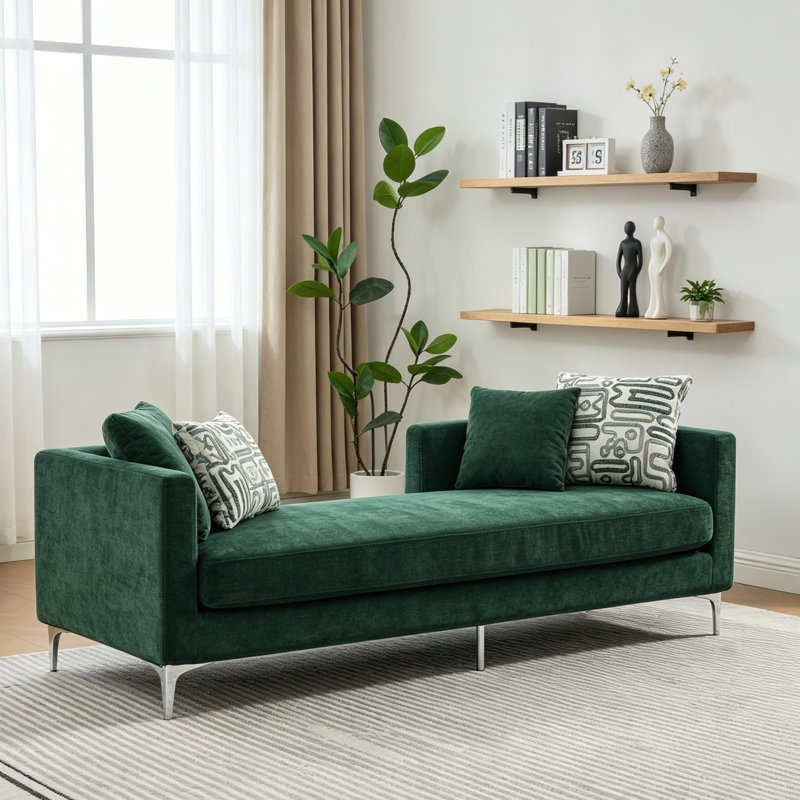 Banquette 77,5 po avec méridienne rembourrée en chenille et canapé-lit avec pieds en métal et 4 coussins décoratifs, Green