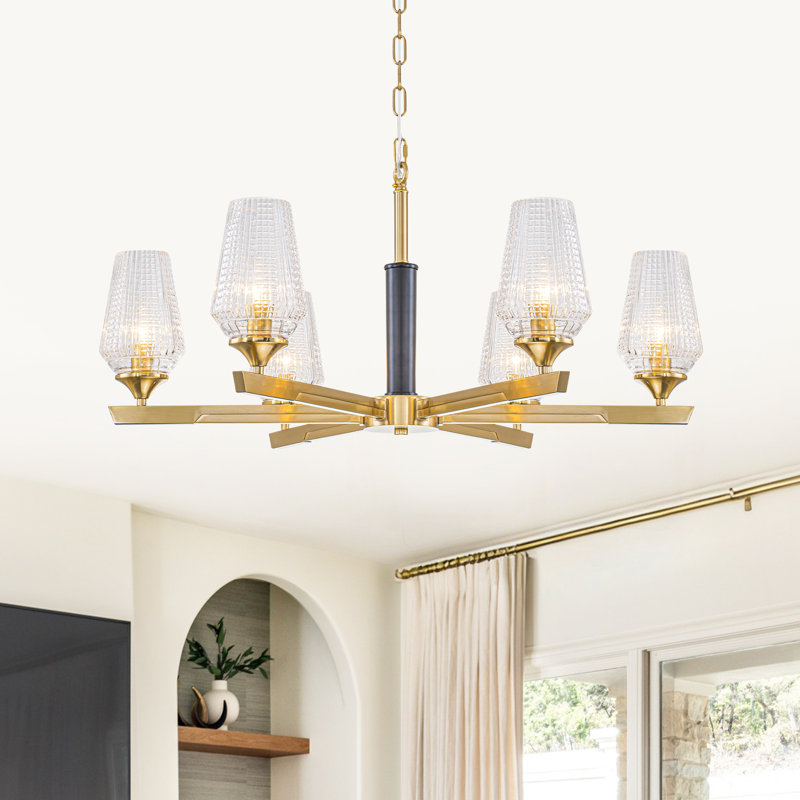 Lustre linéaire contemporain à 6 lumières en forme d'étoile, luminaire d'accent noir mat et or avec verre à grille transparent pour îlot de cuisine