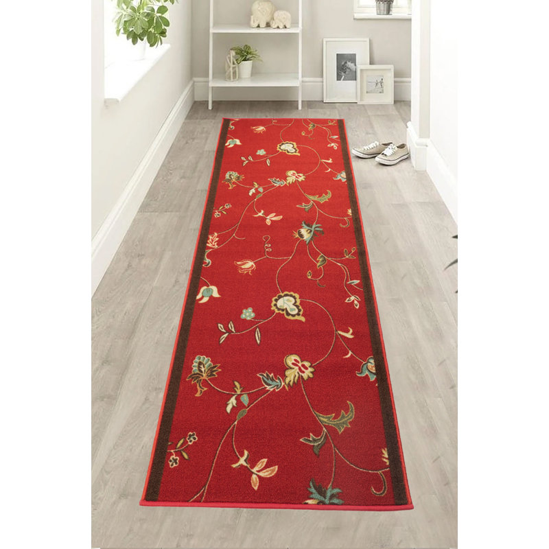 Custom Size Washable Non-Slip Flower Acheson Red Design Low Pile Hallway Runner Rug by Feet, Runner 2'2" x 46'